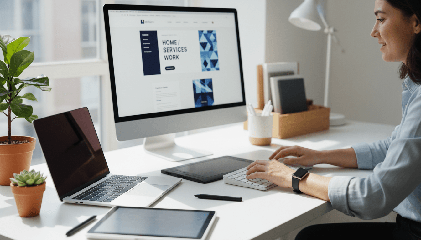 Marketing Biz Solutions workspace showing website design, branding materials, and business cards