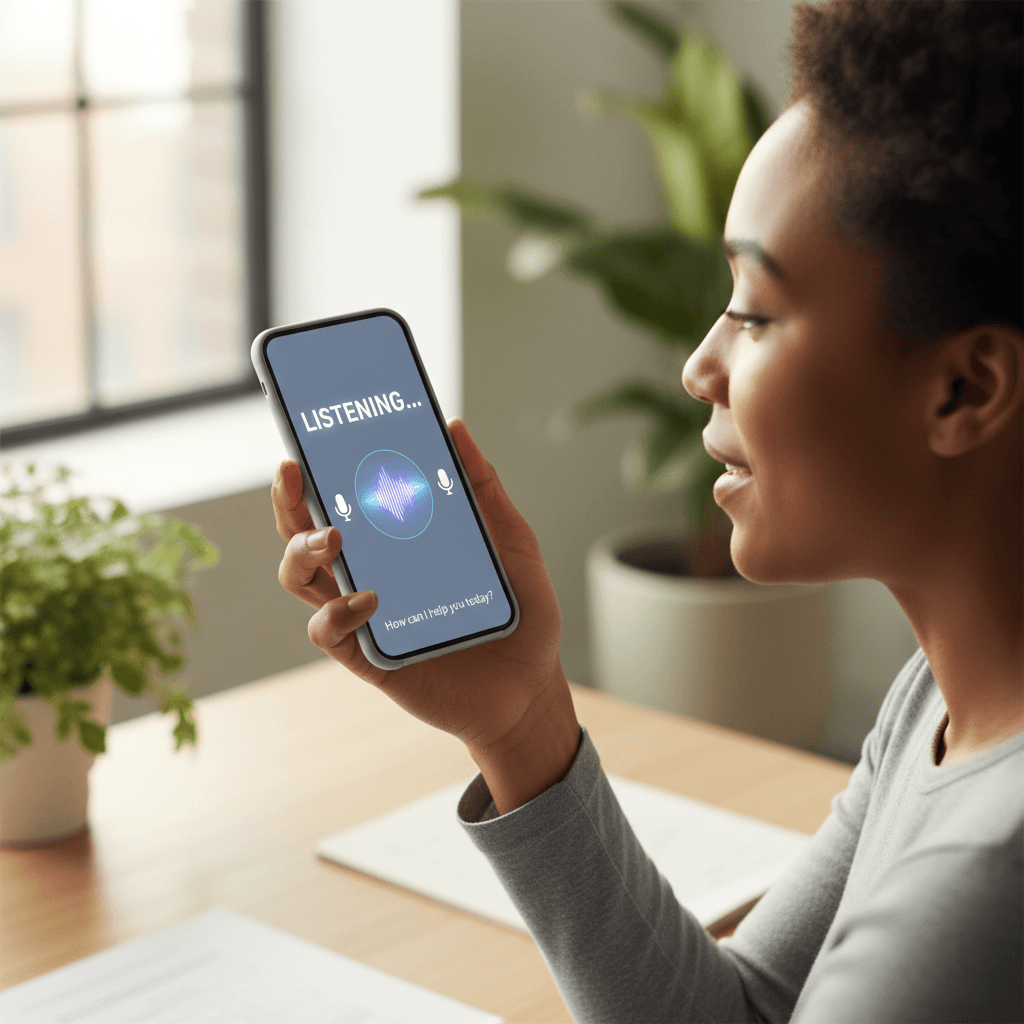 Smartphone displaying AI voice assistant interface
