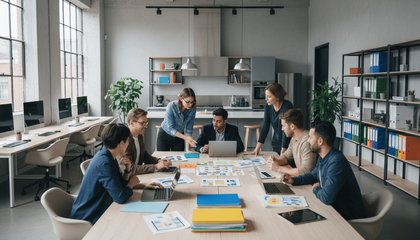 Team member and client reviewing website design mockups in collaborative workspace